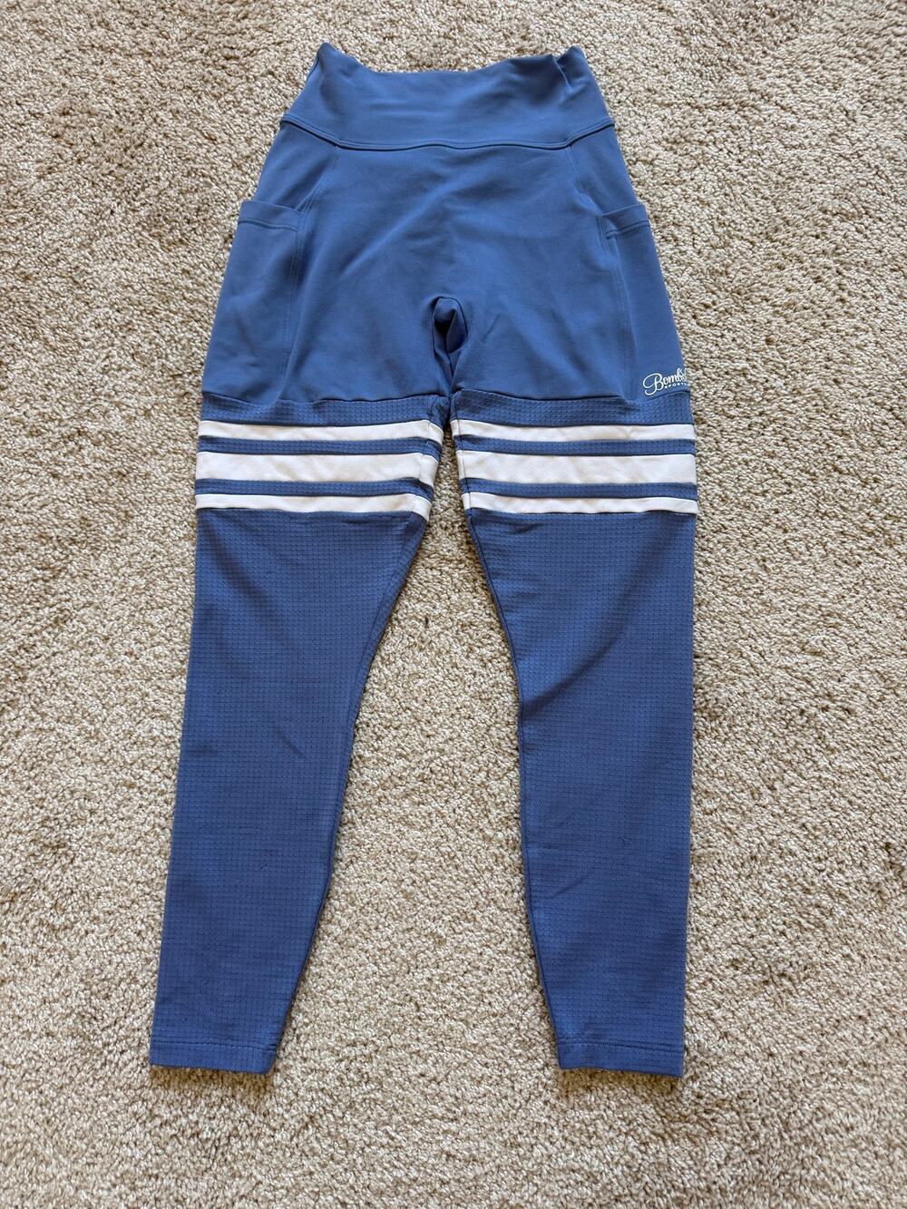 Bombshell Sportswear Blue Striped High Waist Leggings Women’s Medium Made in USA